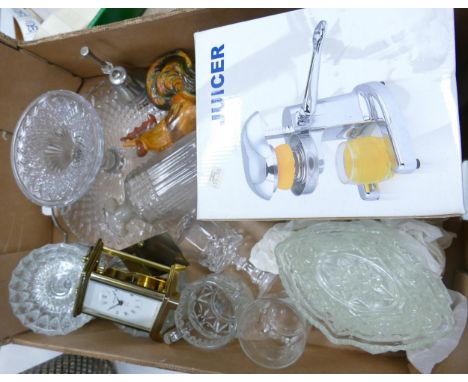 A mixed collection of items to include Pressed glass ware, brass carriage clock, boxed Juicer  etc 