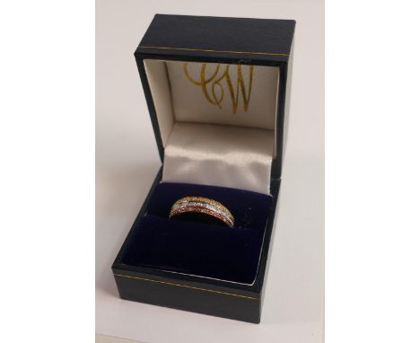 9ct hallmarked gold 3 colour and diamond set ring, weight 2.9g, ring size R. 