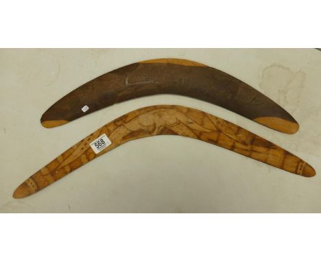 Two Aboriginal Boomerangs both with decoration largest length 62cm(2) 