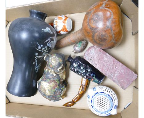 A mixed collection of Oriental items to include carved horn figure, carved soap stone item, enameled vase etc 
