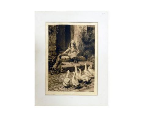 Herbert Dicksee etching LUCKY DOG: Girl sitting on step and patting dogs head, with 6 ducks waiting to be fed. Measuring 50cm