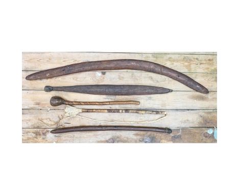 Antique Indigenous Aboriginal Weapons including: Boomerang with incised decoration (107cm drilled for wall mounting), incised