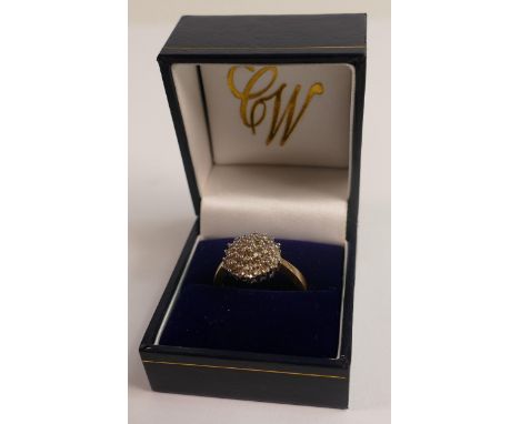 9ct hallmarked diamond set cluster ring, weight 5.1g, ring size R.  Client states estimated diamond weight is 1 carat of diam