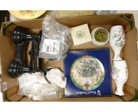 A mixed collection of items to include Vintage Cast Iron Kitchen Scales, Aynsley Vases Royal Doulton Plate etc 