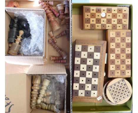 Three Antique Wooden Travel Chess Set Board Boxes together with similar later item ref 246, 263 &amp; 260(4) 