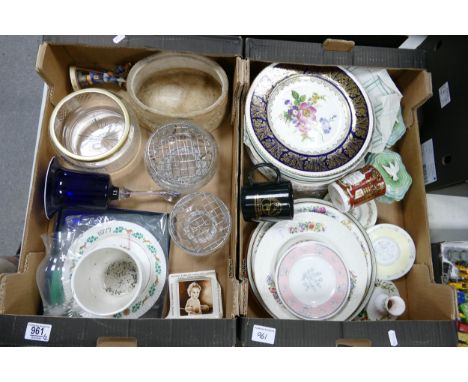 A mixed collection of ceramic items to include Goebel figure ( damaged), Sylvac lidded pots, decorative wall plates, glass bo