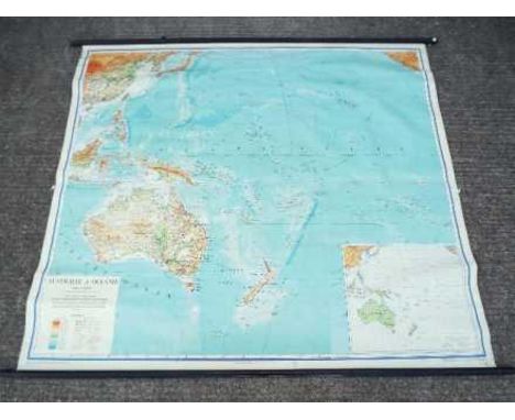 A vintage school room map depicting Australia and the surrounding ocean, measuring approximately 180 cm x 200 cm.