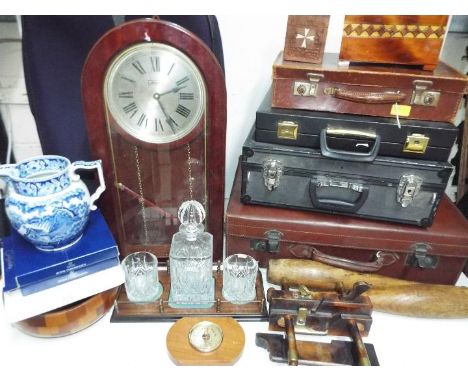 Collectors Lot - Vintage wood plane, 5 x Cases, 2 x Rounders Bats, Decanter and two glasses on stand, Maxim wall clock, Barom