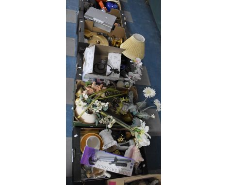 A Collection of Five Boxes Containing Artificial Flowers, Place Mats, Light Fittings Etc 