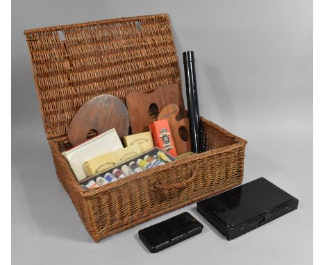 A Wicker Hamper containing Various Artists Equipment to include Winsor and Newton Paints, Oils Etc 