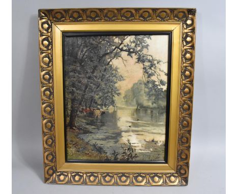 A Gilt Framed Textured Print, Cattle Drinking in River, 3x40cms 