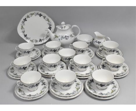 A Royal Doulton Burgundy Pattern Teaset to Comprise Cups, Saucers, Side Plates, Teapot, Cakeplate etc, Some Rubbing 