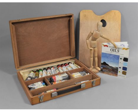 An Artists Travel Paintbox in Pine containing Various Oil Paints, together with an Artist's Articulated Lay Figure and a Mix 