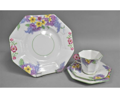 An Art Deco Melba Bone China Tea Trio and Cake Plate Decorated with Peony Decoration and Handle, Condition Issues 