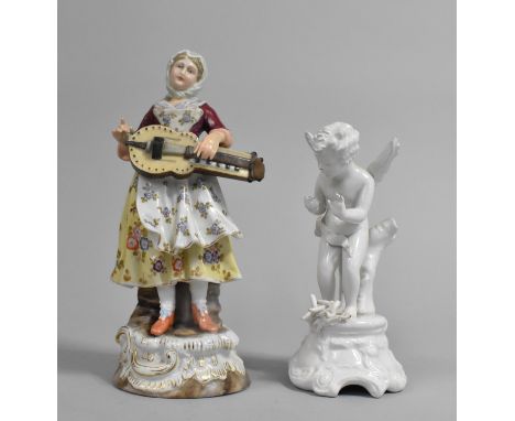 A German Porcelain Figure of Lady Playing Lute Together with a Blanc De Chine Figure of Winged Cherub (AF), Tallest 18cm High