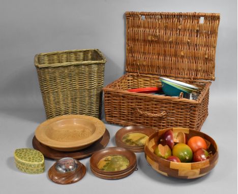 A Wicker Hamper Containing Plastic Picnic Plates, Cups Etc together with Various Treen to include Fruit Ornaments, Kashmiri B