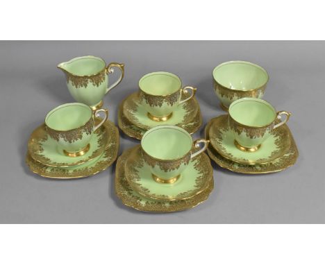 A Bell China Green and Gilt Foliate Lace Trim Part Teaset to Comprise Four Cups, Saucers, Side Plates, Milk Jug and Sugar Bow