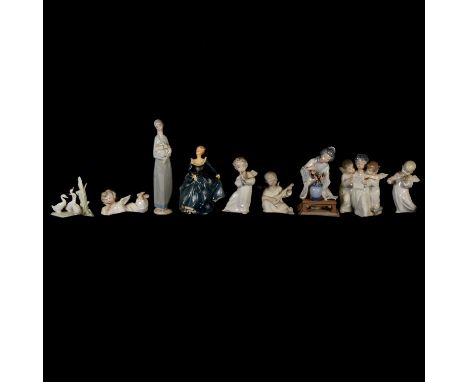 Lladro group of three singing angels, 17cm; and four other Lladro models, of angels, plus two others and a Royal Doulton "Fra