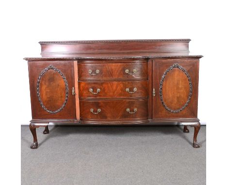 Edwardian mahogany bowfront sideboard, shallow back, gadrooned edges, three central drawers flanked by cupboards, cabriole le