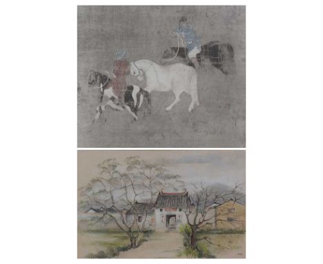 20th century school, Temple gates, pastel, monogrammed MAA,32x49cm;and another 20th century print of a section of Chinese scr