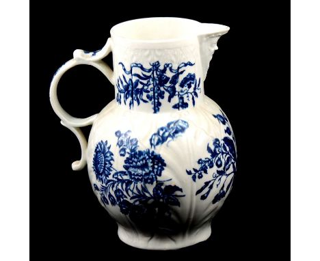 Large Caughley jug, leaf moulded and blue printed decoration, mask head spout, blue cresent mark, 23.5cm.Condition report:The