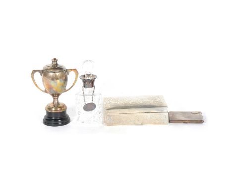 An Egyptian white metal jewel box, wood-lined; a silver twin-handled trophy cup, with stand, R&amp;E Birmingham 1928, 2.8ox; 