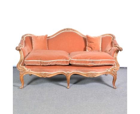 Victorian mahogany frame settee, serpentine back with carved cresting, scrolled arms and on cabriole legs, length 180cm, dept