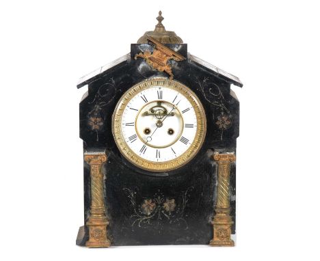 Large Victorian slate mantel clock, architectural form, large white enamel circular dial, French cylinder movement, as found.