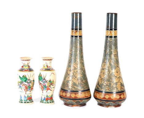 Pair of large Doulton Slater's Patent stoneware vases, 'scale' decoration, 58cm, and a pair of Chinese vases painted with war