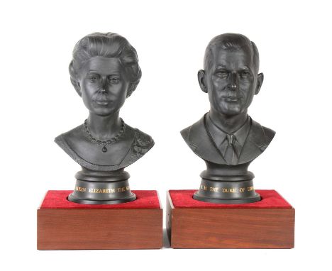 Pair of Royal Doulton basalt portrait busts, Queen Elizabeth II and Duke of Edinburgh, No.558, 29cm, with plinths.