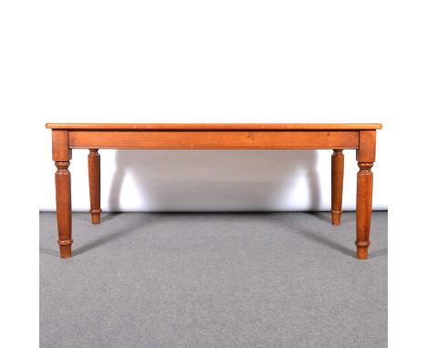 Oak kitchen table, rectangular top, 180x94cm, turned legs, height 75cm, and a set of six beech spindle back kitchen chairs.Qt