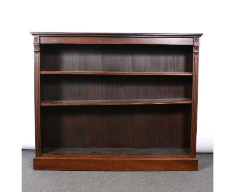 Victorian walnut open bookcase, the top with moulded edge, three adjustable shelves, plinth base, width 139cm, depth 30cm, he