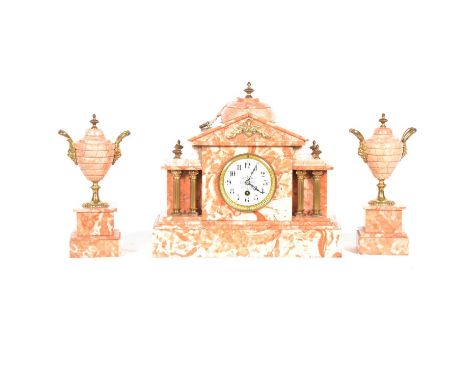 19th Century variegated marble clock garniture, the clock of architectural form, ivorine dial with Arabic numerals, French mo