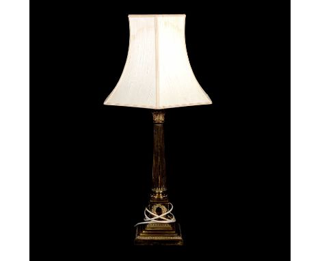 Brass Corinthian column table lamp, with shade, 78cm.