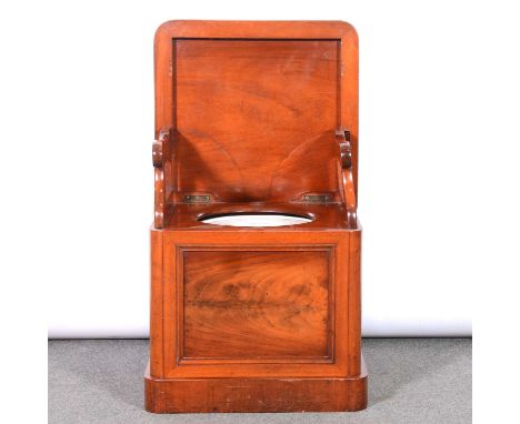 Victorian mahogany armchair commode, hinged lid, folding arms, pottery pan, width 51cm, depth 47cm, height 44cm.