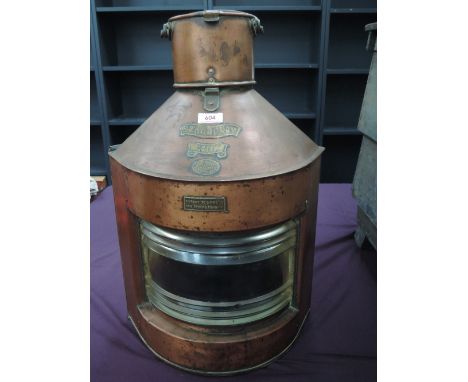 A copper ship's masthead lamp labelled starboard, Lampads No961 by R C Murrary, Glasgow and patent 546575 