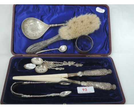 A selection of HM silver and white metal including glove stretchers, napkin ring, hair brush, Dutch tea spoons inscribed Patr