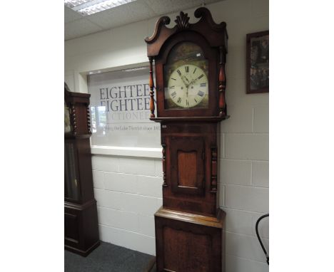 An early 19th century mahogany longcase clock having swan neck hood comprising, painted arch dial of huntsman scene with 8 da