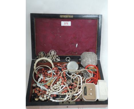 A satin wood box initialled A.U containing a selection of costume jewellery including vintage rolled gold cufflinks, compass,