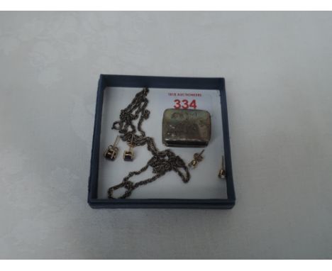 A white metal rope chain stamped 925, a small modern silver patch box having engraved decoration and a pair of gold plated st