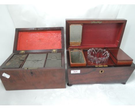 An early 19th century Regency rosewood tea caddy of sarcophagus design on bun feet, and a 19th century caddy of rectangular d