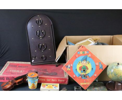 Group of vintage toys and games to include Chad Valley globe, Chad Valley Noddy Quoits, Bakelite bagatelle board, boxed Chad 