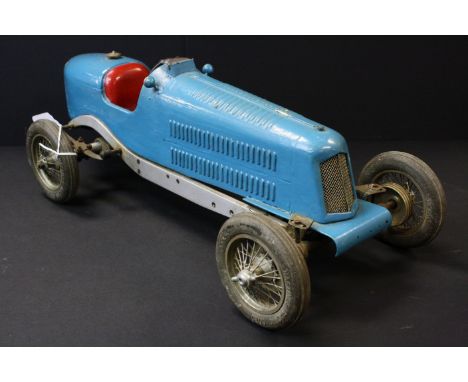 Mid 20th C scratch built metal &amp; wooden model racing car, the body painted in blue with red seat, metal chassis &amp; Has