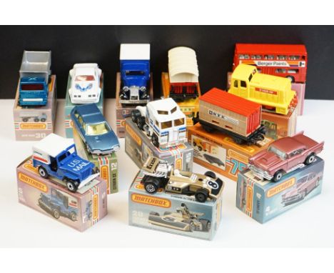 12 Boxed Matchbox 75 Series diecast models to include 44 Passenger Coach, 25 Flat Car / Container, 5 U.S. Mail, 24 Diesel Shu