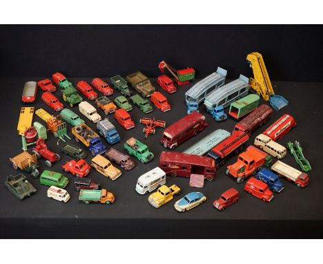 Around 55 mid 20th C play worn diecast models, mostly Dinky examples, featuring Dinky Supertoys Horse-Box, Dinky Supertoys Ba