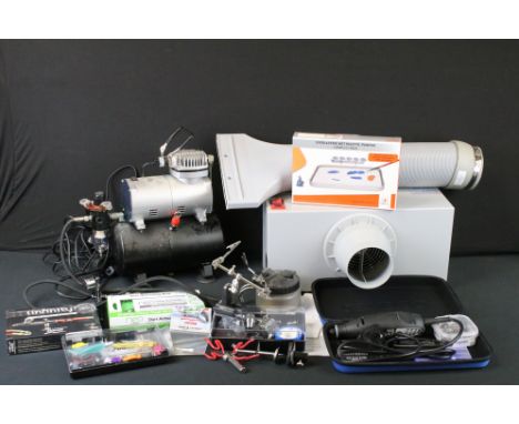 Quantity of modelling airbrushes &amp; tools to include Floureon airbrush spray booth kit (model no. HS-E420DC), Dremmel 3000
