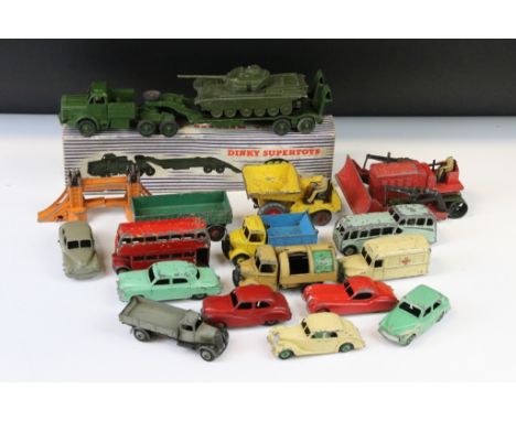 15 Mid 20th C play worn Dinky diecast models to include a boxed Supertoys 660 Tank Transporter, Blaw Knox Bulldozer, 161 Aust