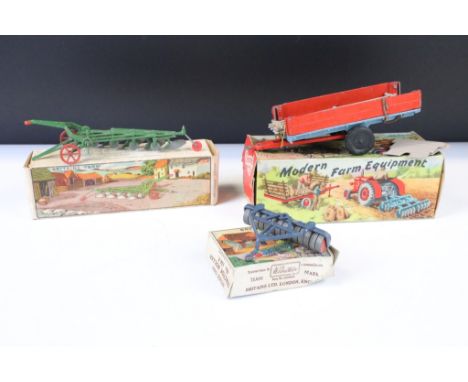 Two boxed Britains Farm diecast models to include 138F 4-Furrow Tractor Plough &amp; 136F Tractor Roller (tatty box); plus a 