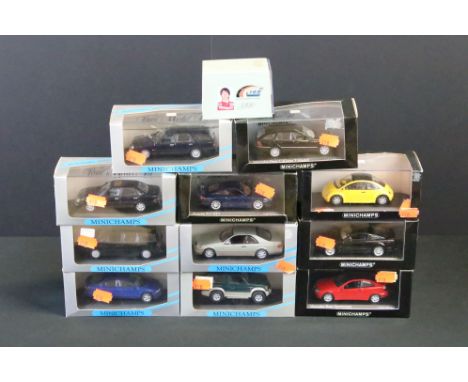 12 Cased Paul's Model Art Minichamps diecast models to include 11 x 1:43 scale (430 030110 Mercedes C-Class, 400 062021 Porsc