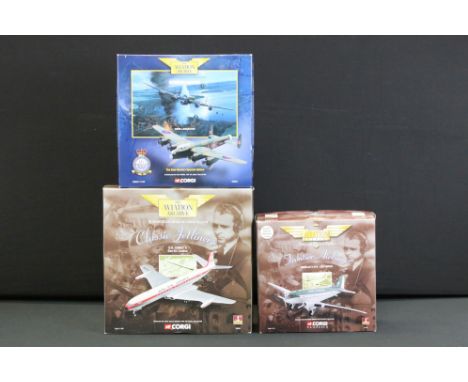 Three boxed Corgi The Aviation Archive 1:144 diecast models to include 48502 Classic Jetliners - D.H. Comet 4; 47103 Frontier